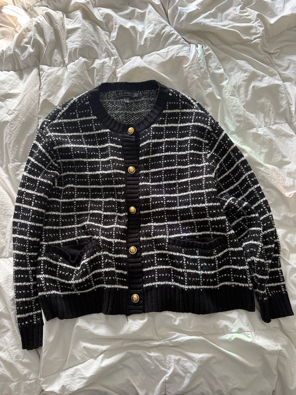 Eloquii Black & White Plaid Knit Cardigan with Gold Buttons